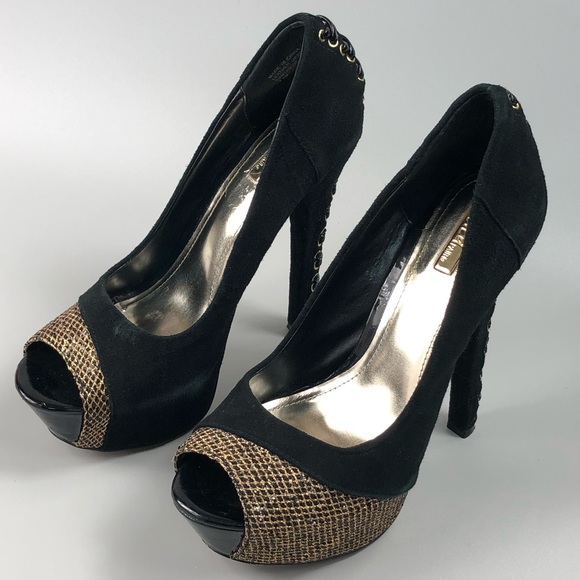 Wild Pair Suede Gold Mesh Peep Toe Heels Size 7.5 - Picture 7 of 15